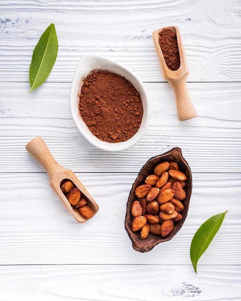 cacaopoeder en cacaobonen in gerechten foto