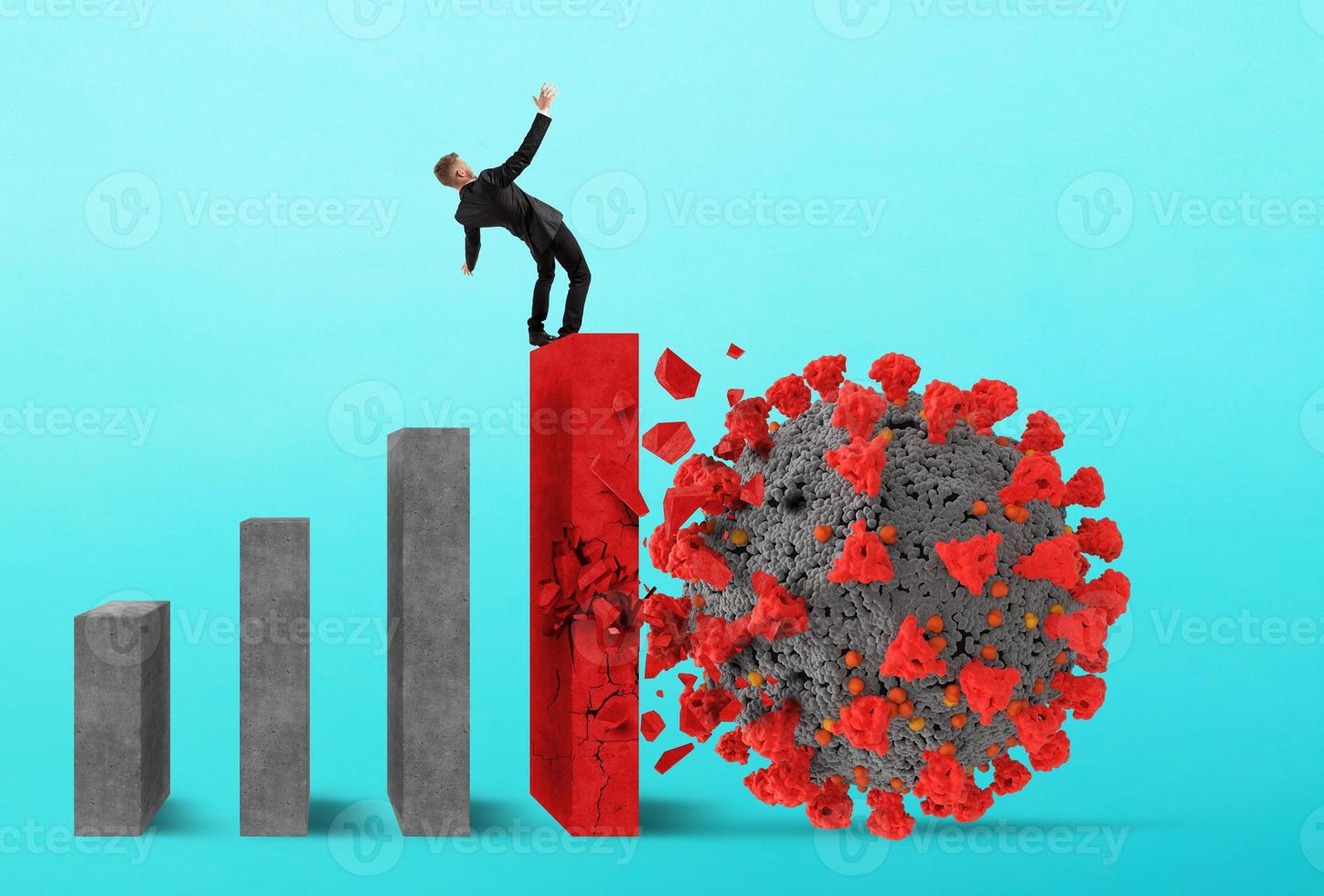 covid-19 virus vernietigt statistisch bar met over- een zakenman. concept van crisis en recessie ten gevolge naar pandemisch foto