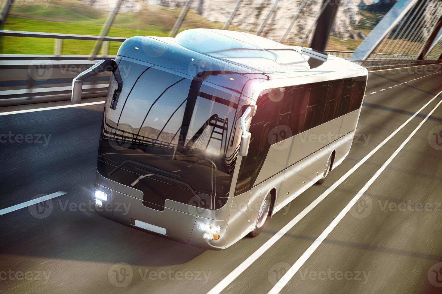 realistisch beeld van grijs bus Aan de weg. bedrijf reizen concept. weg brug 3d renderen foto