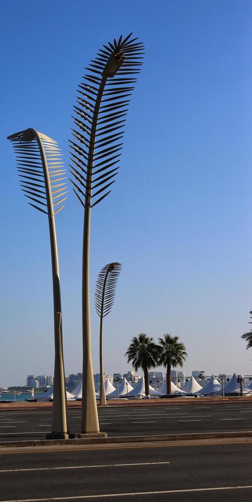 een mooi visie van palm bomen licht Aan de weg foto