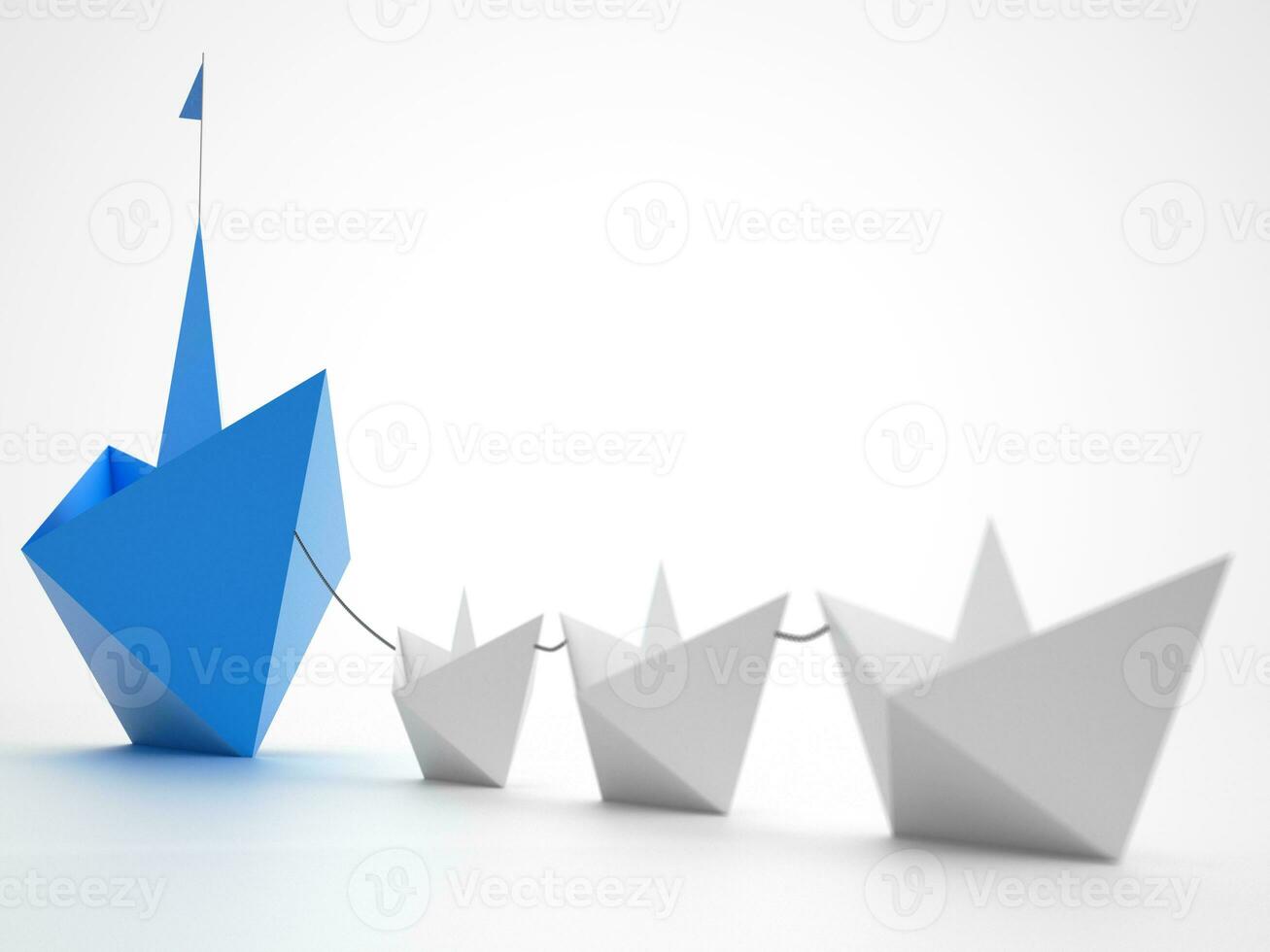 eenheid is kracht. klein papier boten dat slepen een groter schip. concept van samenspel en alliantie. 3d renderen foto
