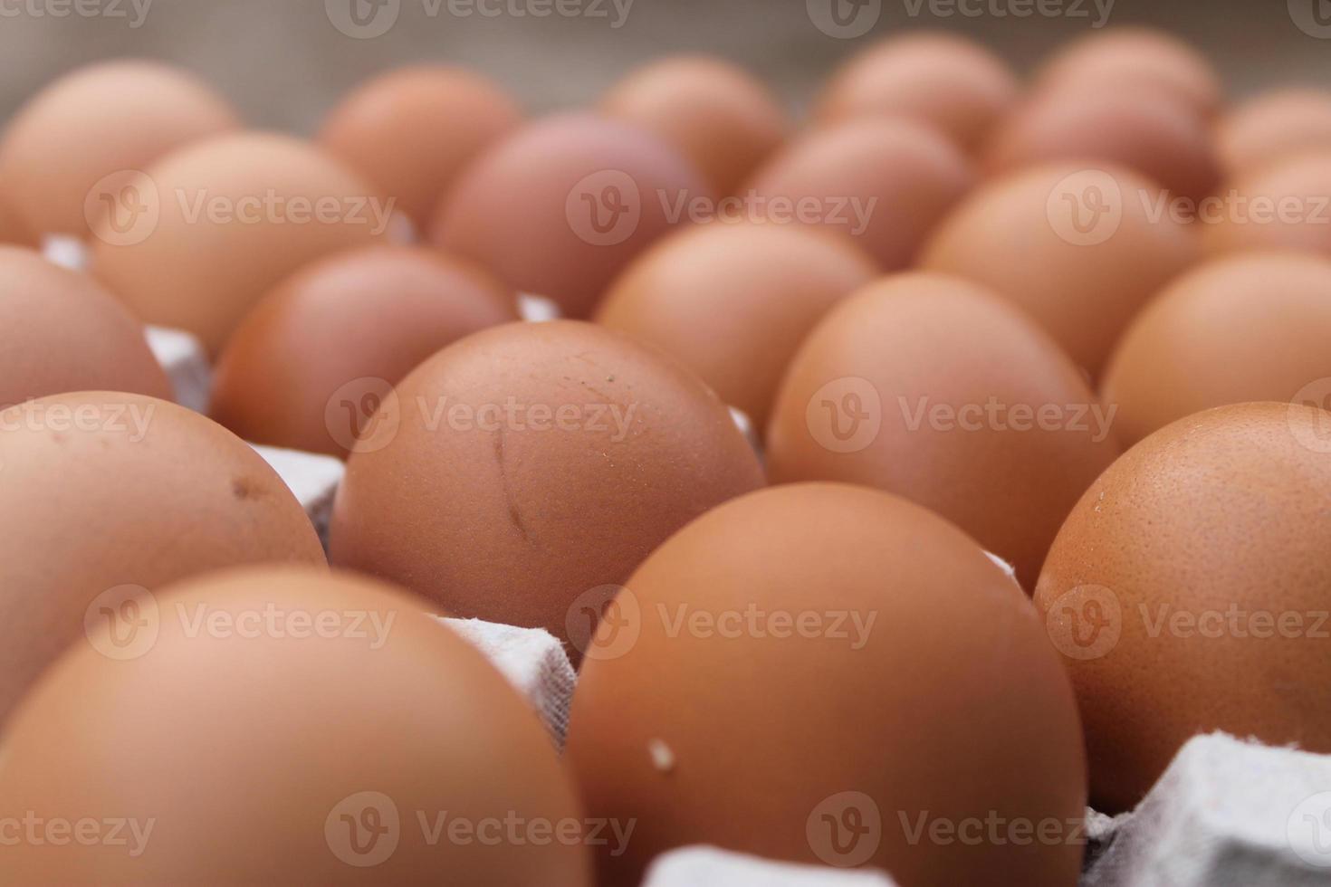 veel van bruin kip eieren in ei dienbladen voor uitverkoop. foto