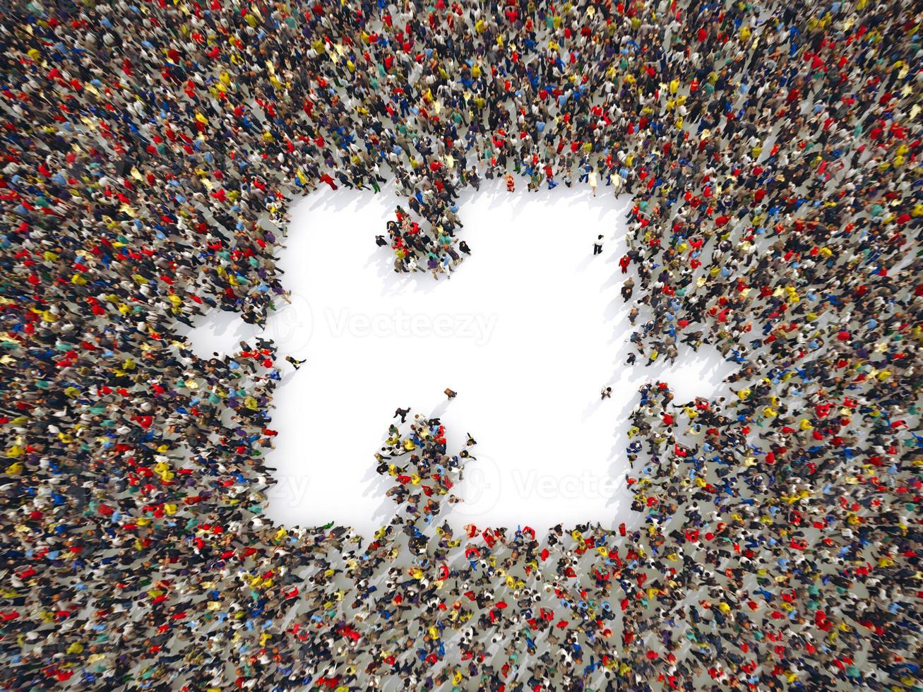 groep van mensen samen naar het formulier een stuk van puzzel. 3d renderen foto