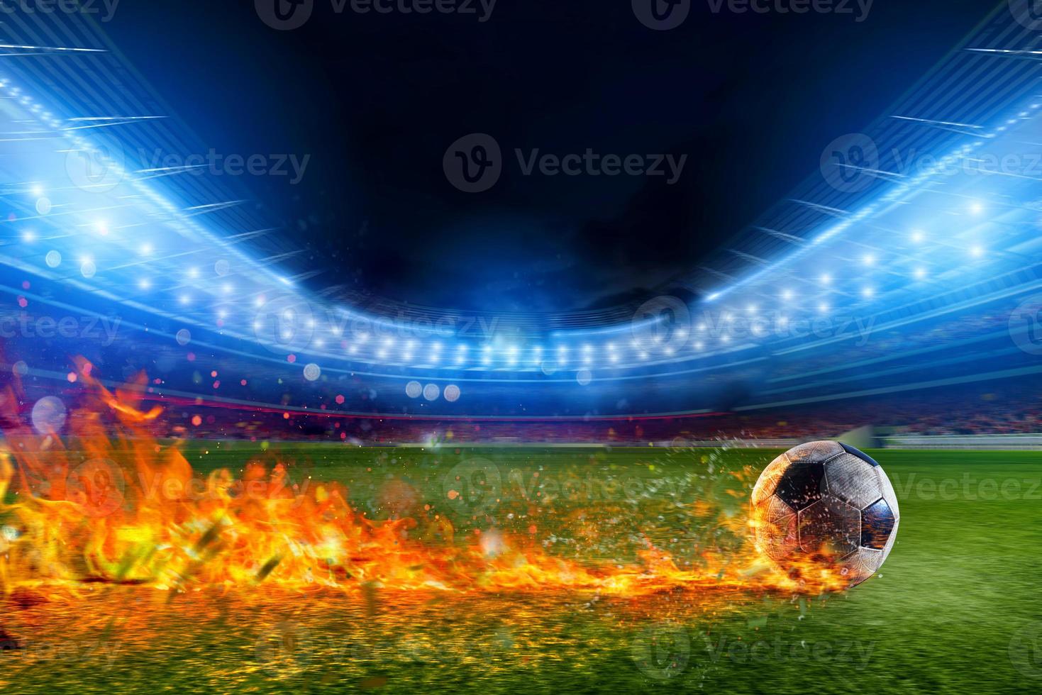 voetbal bal in vlam gaat snel naar de stadion veld- foto