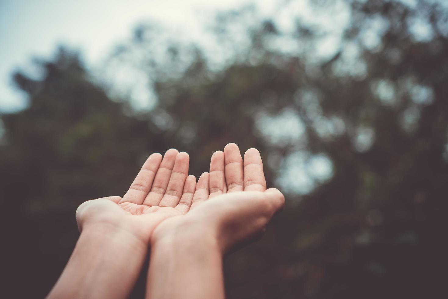 handen bij elkaar geplaatst als bidden voor natuur groene achtergrond foto