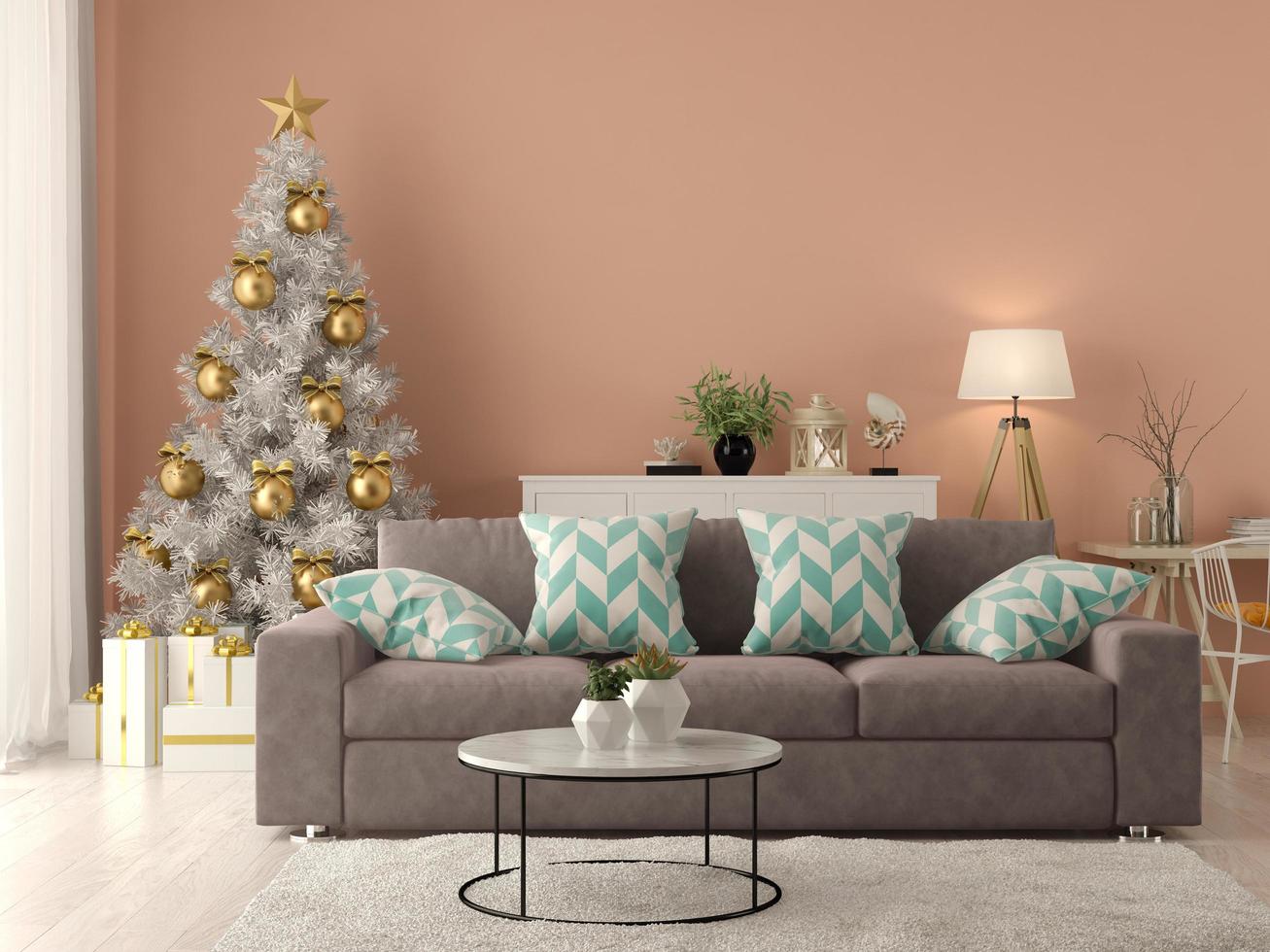 interieur van moderne woonkamer met een kerstboom in 3D-rendering foto