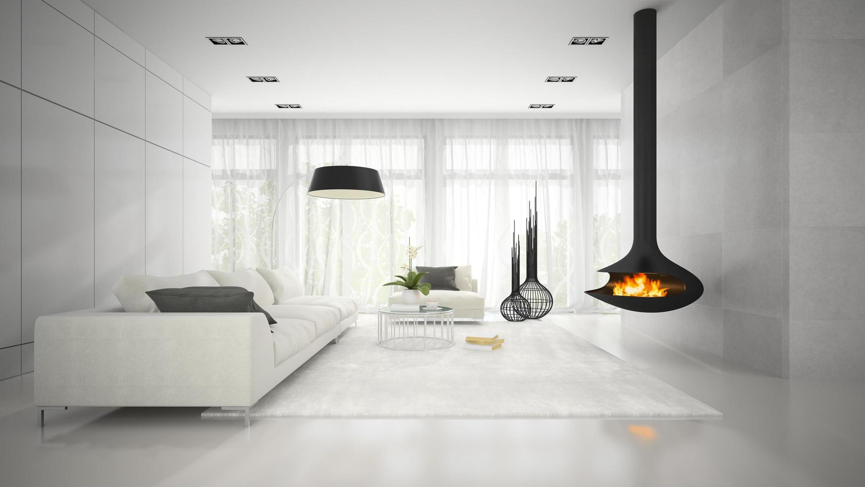 van een modern design witte kamer met een open haard 3D-rendering 2074258 stockfoto bij Vecteezy