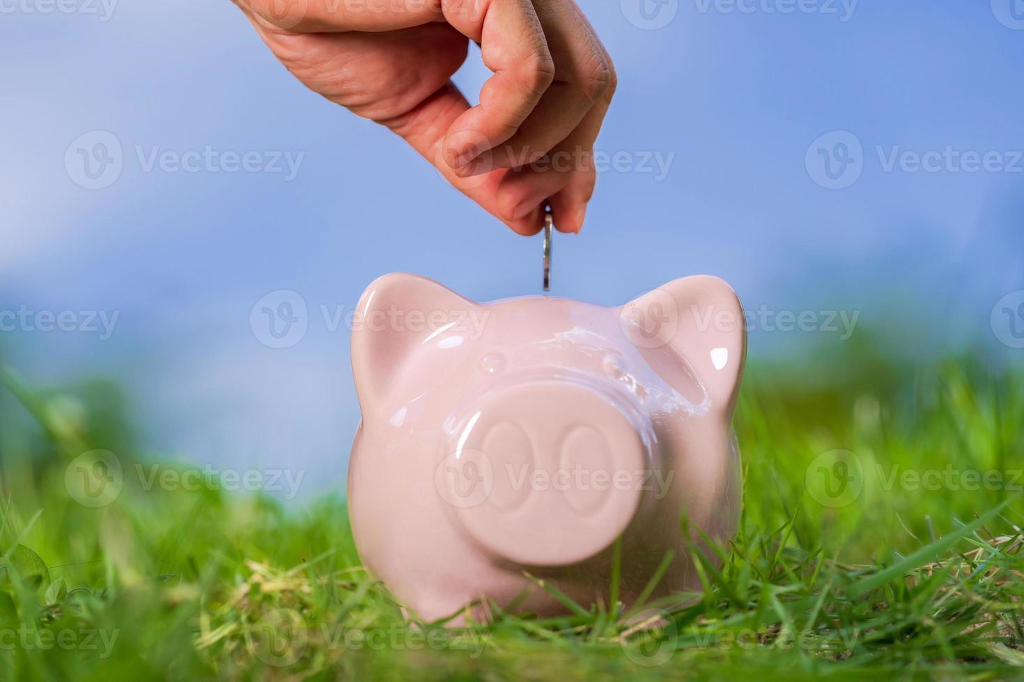 roze spaarvarken op gras met hand die een muntstuk aanbrengt foto