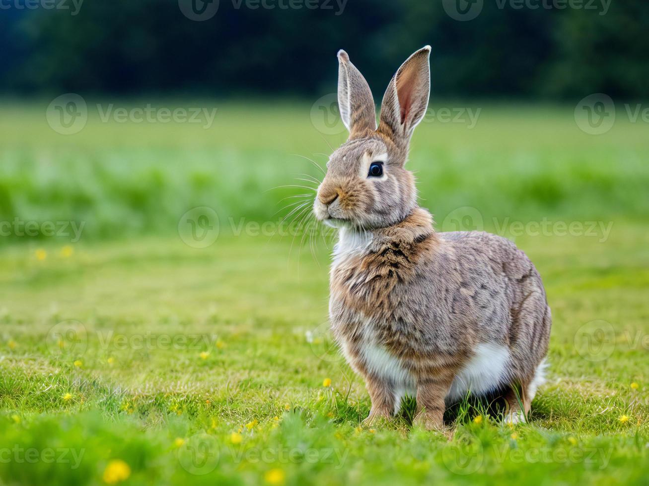 een wild konijn Aan een gras veld- op zoek Bij de camera foto