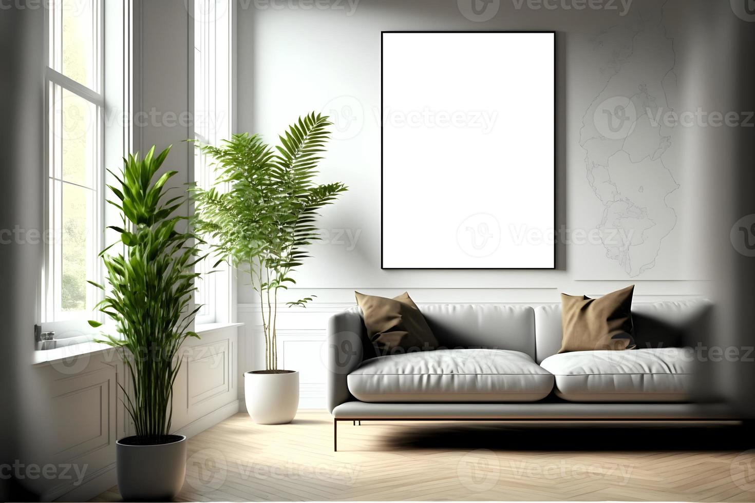 verticaal muur kunst mockup in modern leven kamer, leeg muur kunst mockup binnen- foto