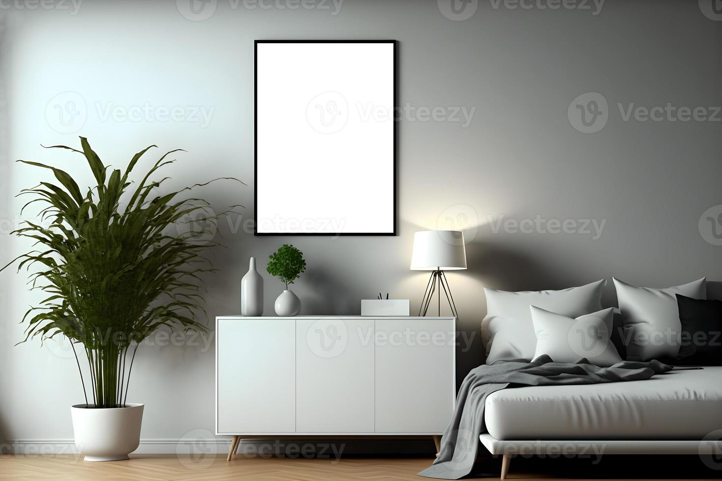 verticaal leeg kader afbeelding mockup met binnen- planten en bank, blanco binnen- foto kader,