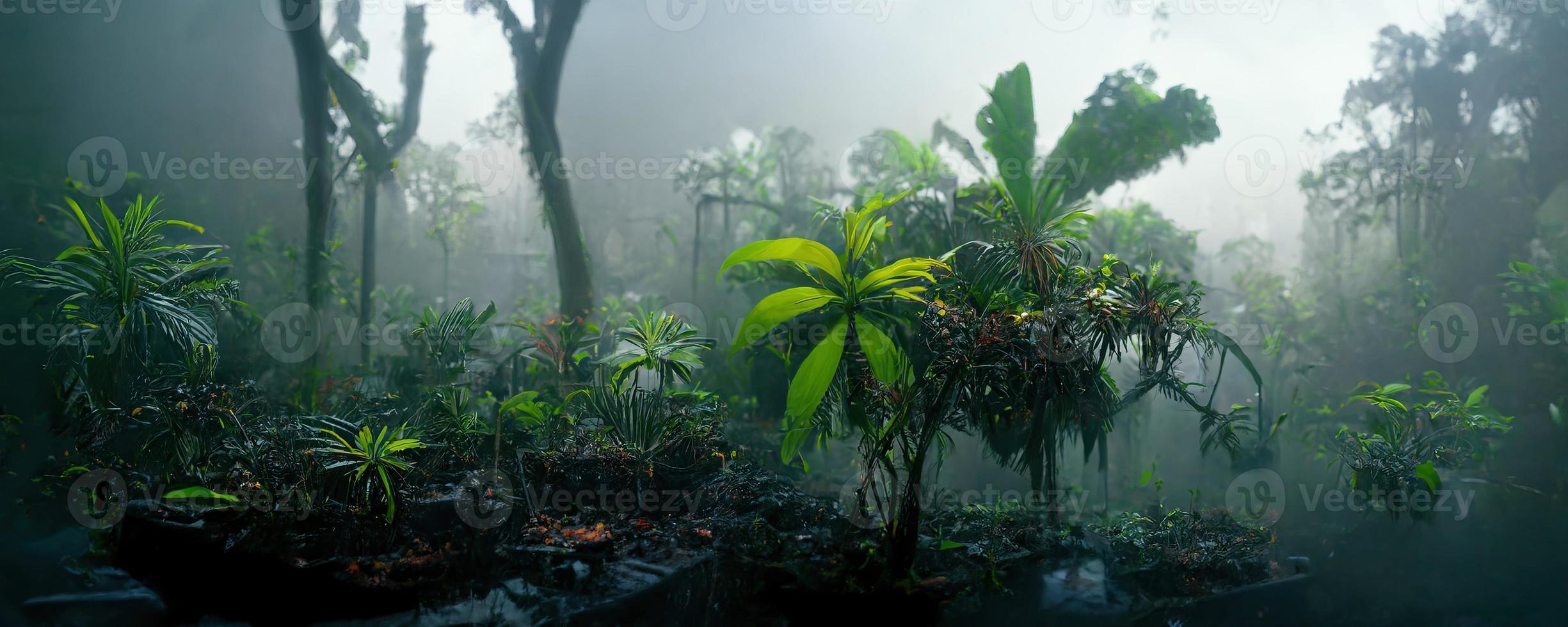 mistig donker exotisch tropisch oerwoud illustratie ontwerp foto