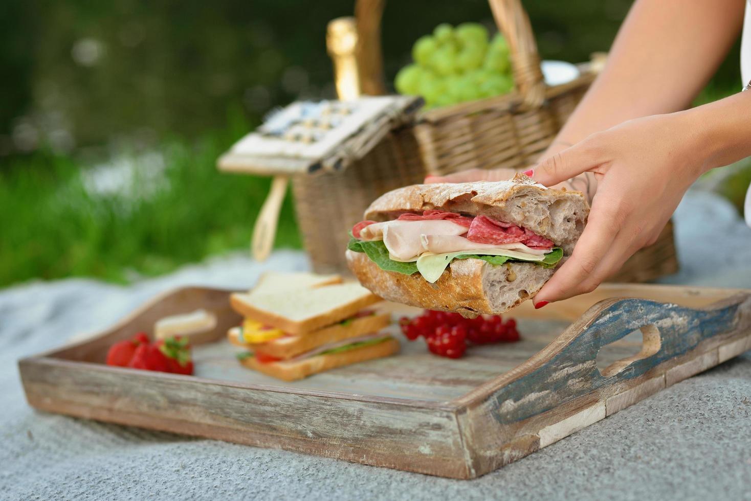 hand vasthouden en eten van een broodje op een picknickdag foto