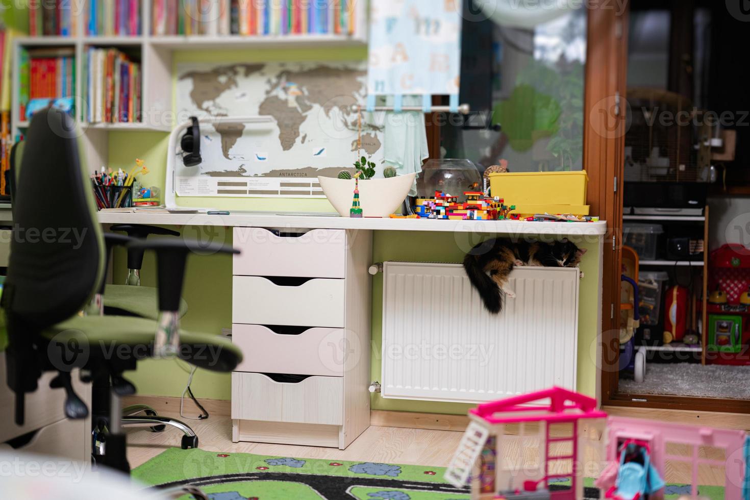 kat leugens Aan een verwarming radiator Aan een verkoudheid dag Bij kinderen kamer. foto