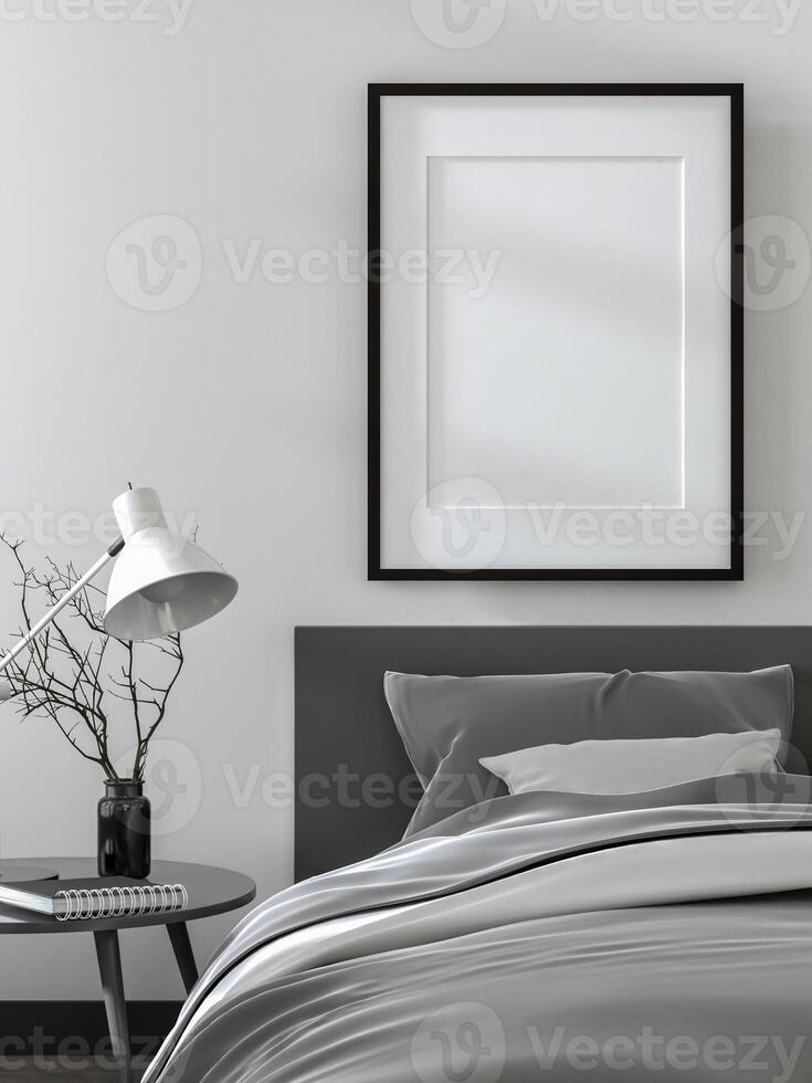 3d illustratie mockup foto kader in slaapkamer renderen