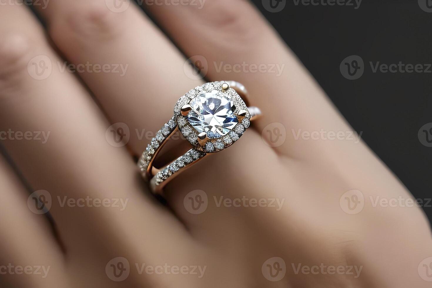 een mooi diamant bruiloft ring in een vrouw vinger. foto