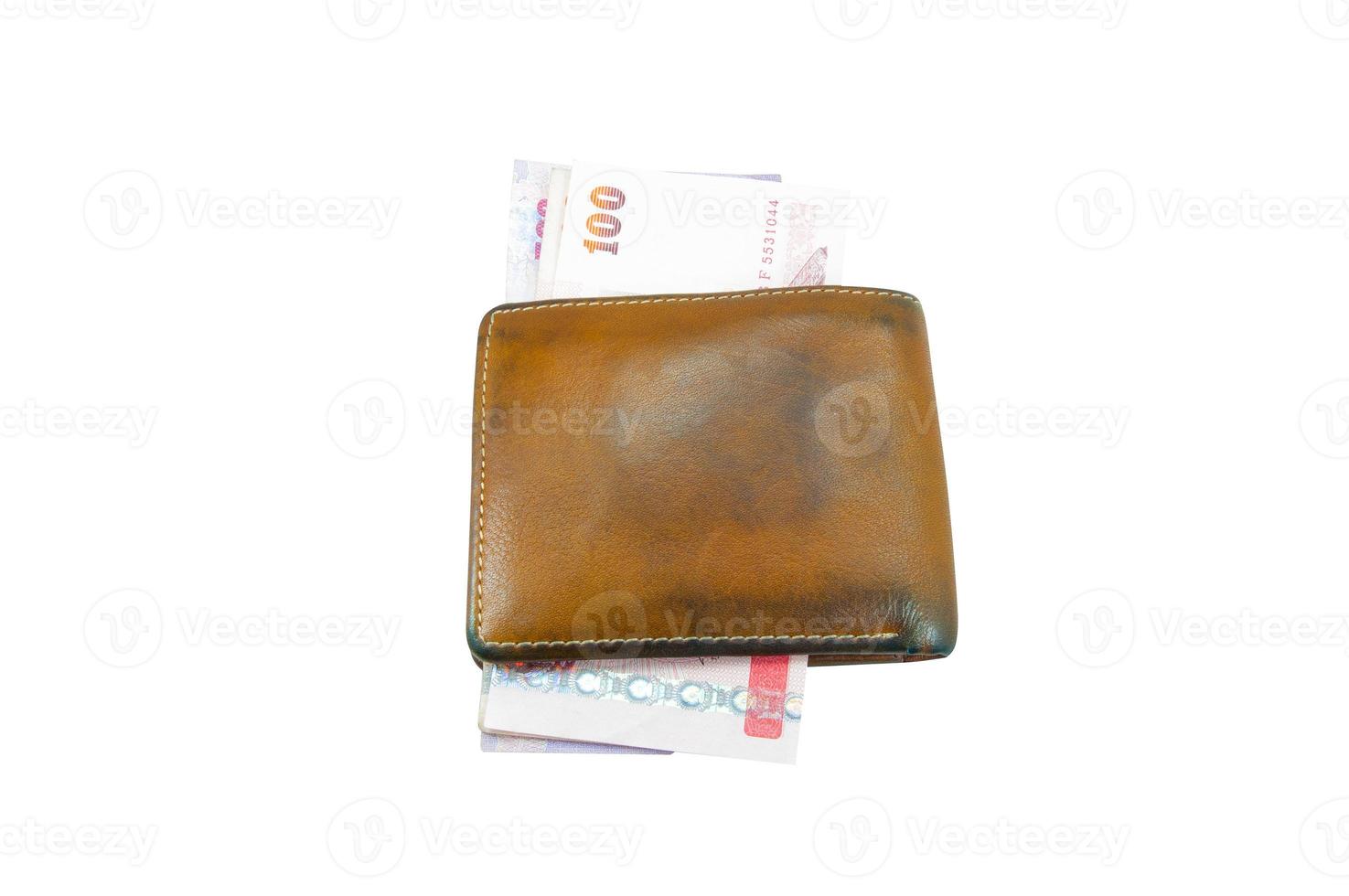 bruin geld portemonnee Aan wit achtergrond , Thailand bankbiljetten foto