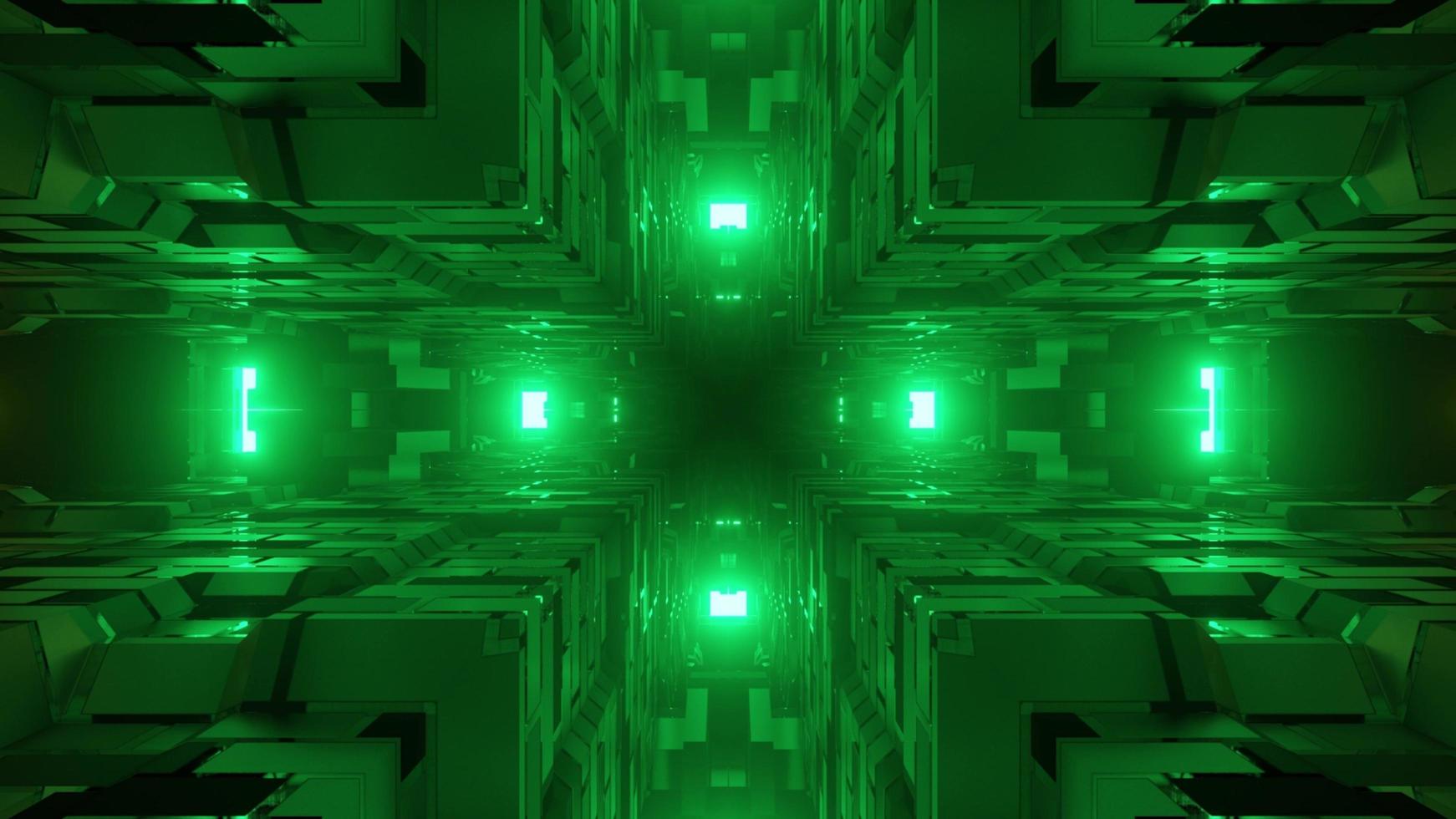 3d illustratie van geometrische kubushoeken en verre groene lichten foto
