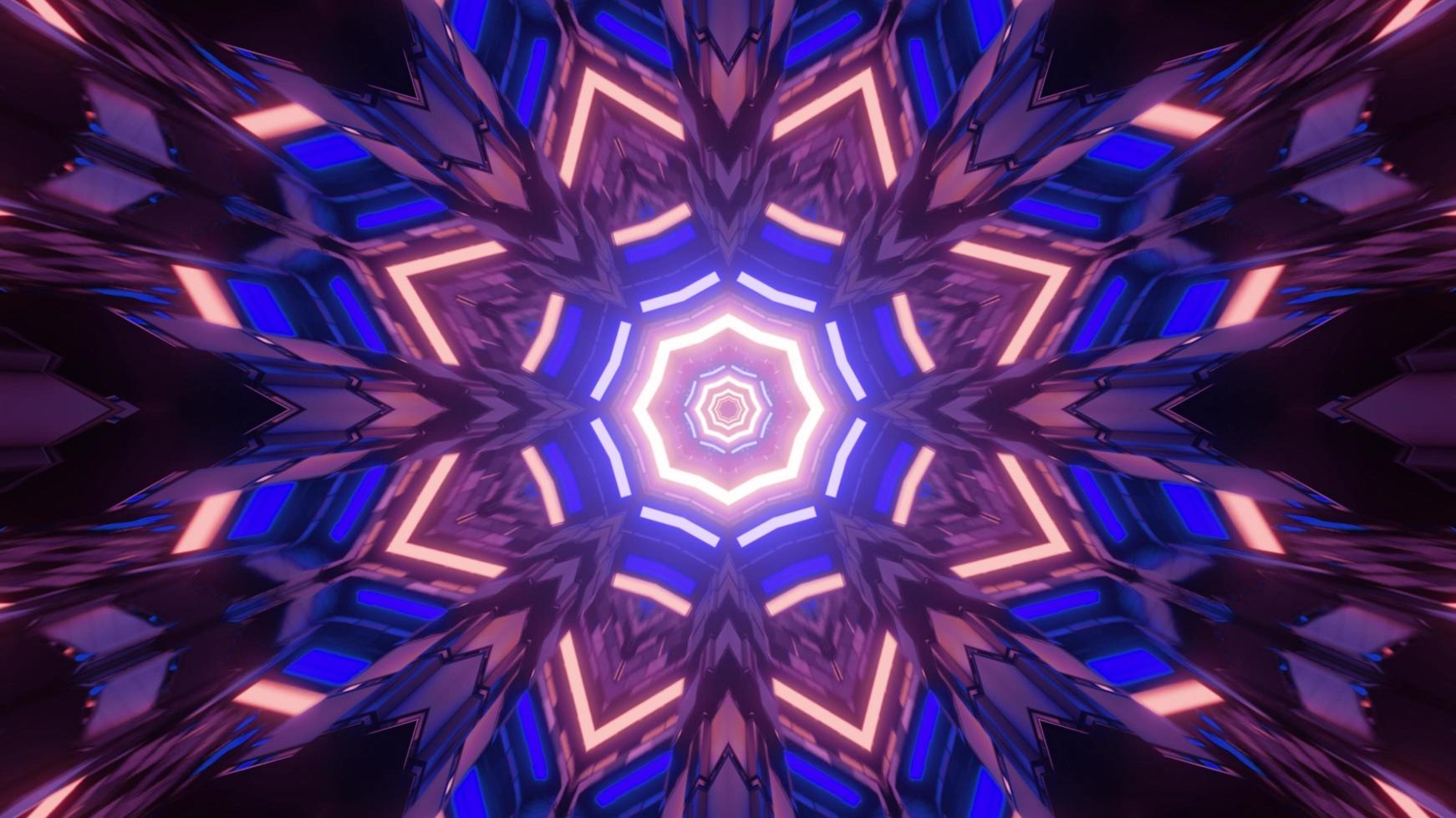 3d illustratie van geometrisch patroon in neonlichten in beweging in tunnel foto