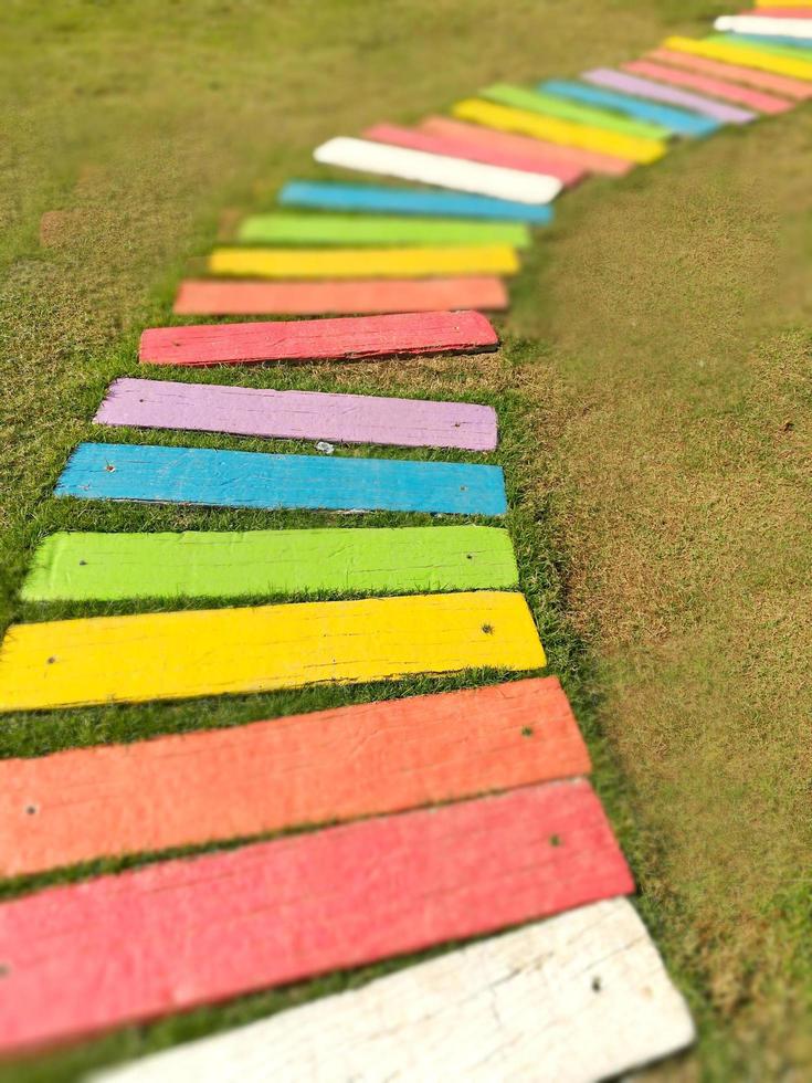 detailopname kleurrijk houten loopbrug Aan gras. foto