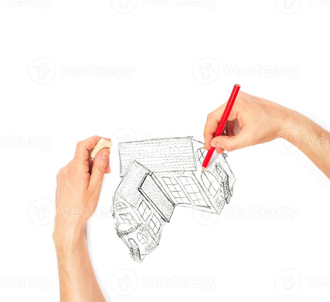 handen tekening groot huis Aan een wit foto