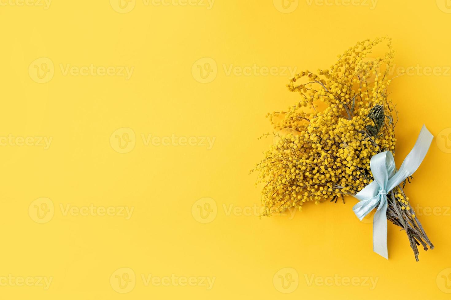 geel mimosa bloemen boeket Aan geel solide bakgrond foto