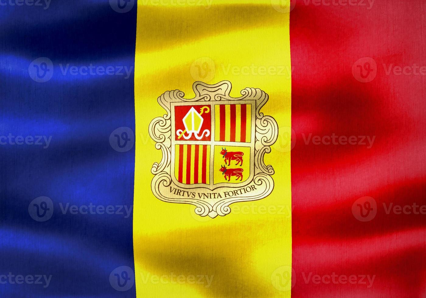 vlag van andorra - realistische wapperende stoffen vlag foto