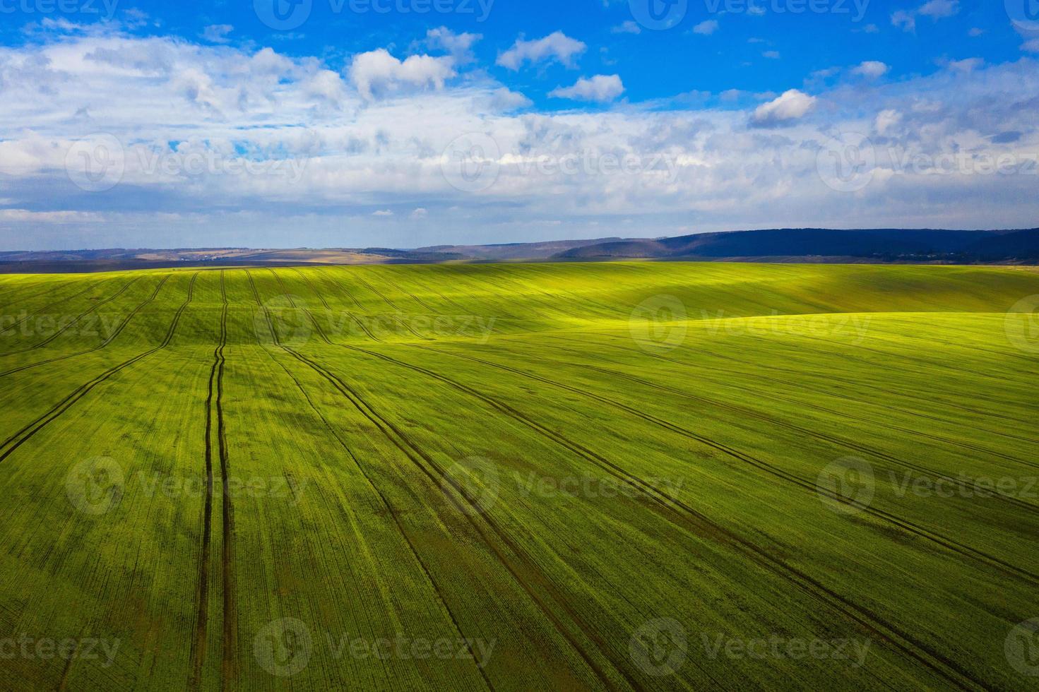 groen veld- en pittoreske wolken in de lucht foto
