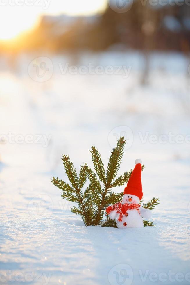 gelukkig sneeuwman staand in winter Kerstmis landschap.sneeuw achtergrond foto
