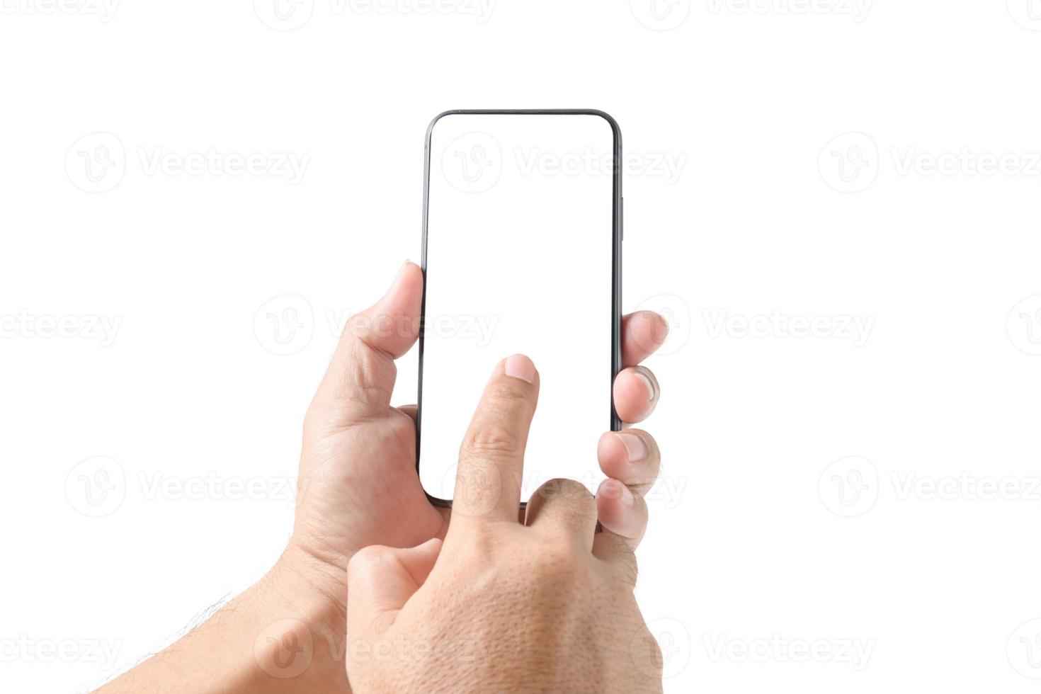vinger tintje Aan met blanco scherm smartphone geïsoleerd Aan wit achtergrond, foto