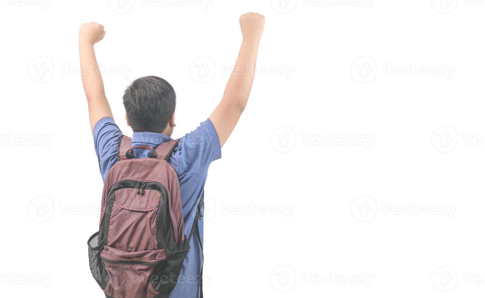 terug kant van winnaar leerling, draag- de schooltas en vieren succes foto
