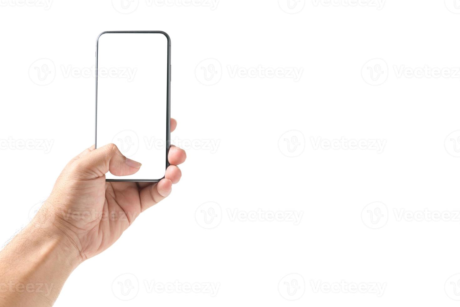 Mens hand- gebruik makend van smartphone met blanco scherm, geïsoleerd foto