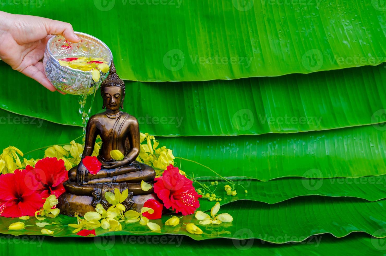 hand- gieten heilig water voor zegen en bidden respect naar Boeddha standbeeld wanneer Thailand songkran festival dag Aan nat banaan bladeren achtergrond. foto