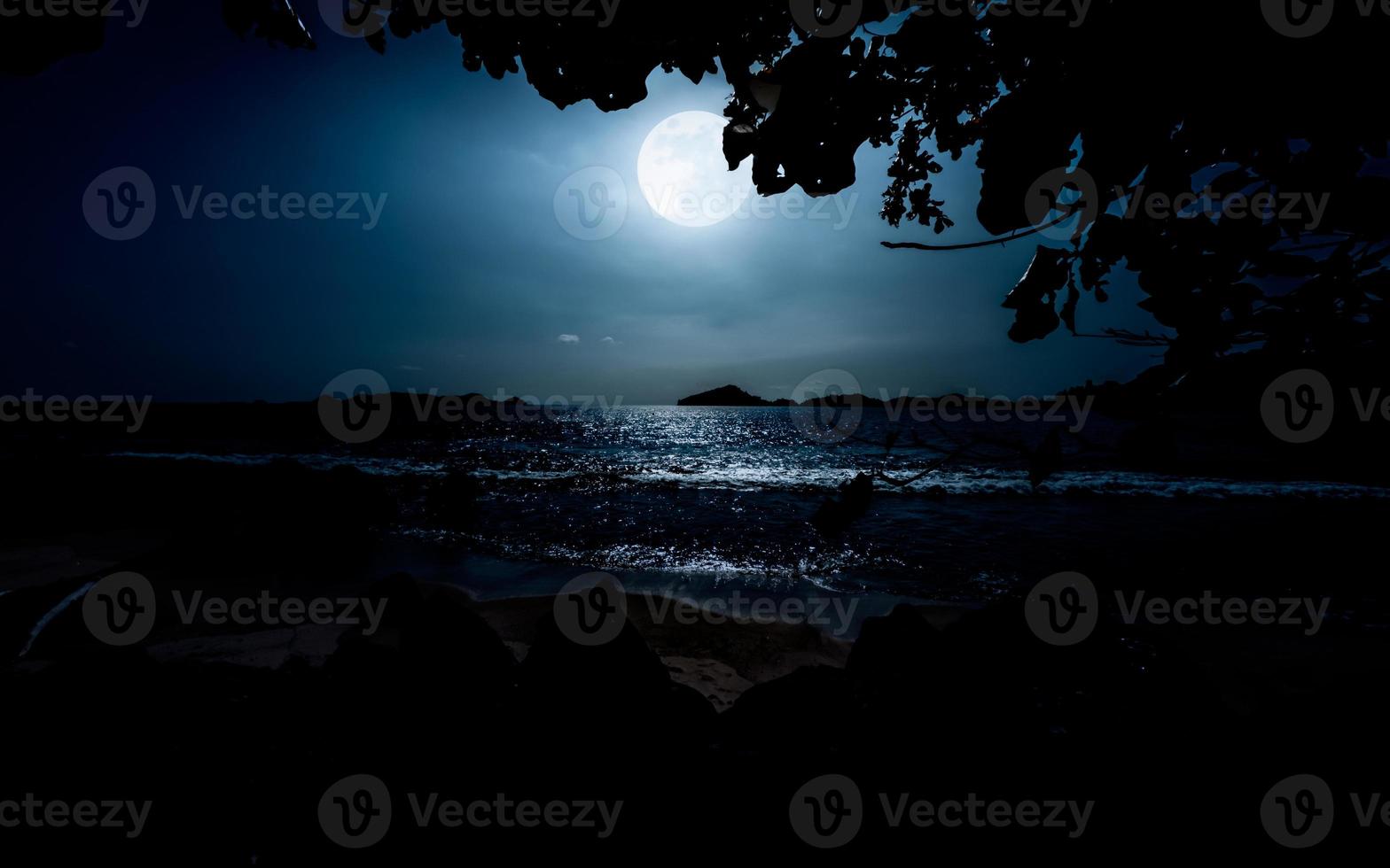 vol maan over- mooi oceaan. strand nacht tafereel foto
