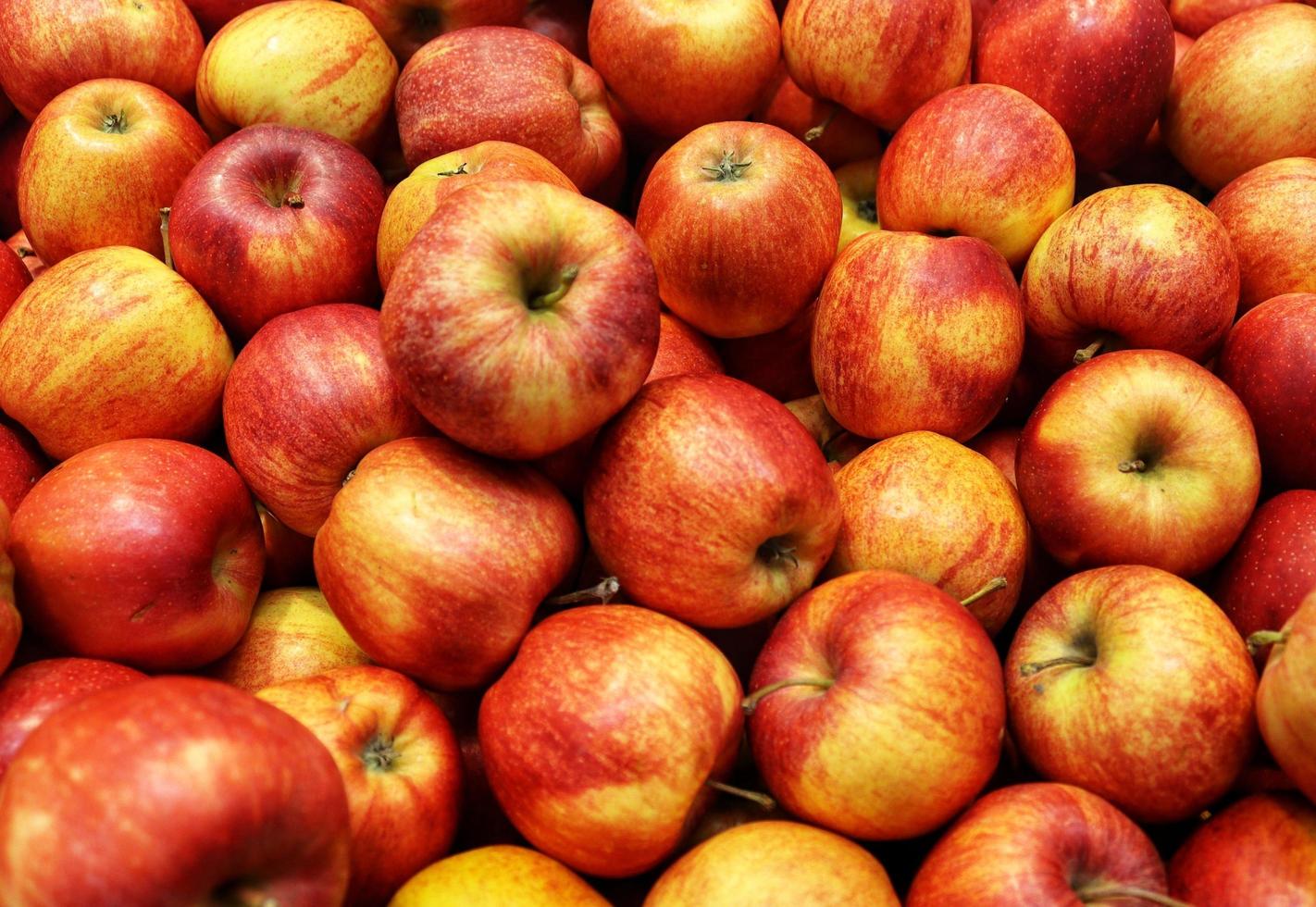 stapel van vers appels in de markt, top bekijken, biologisch rood en geel appels foto