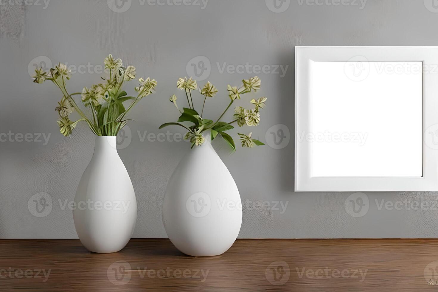 een mockup gemakkelijk foto kader Bij de muur en een tafel.