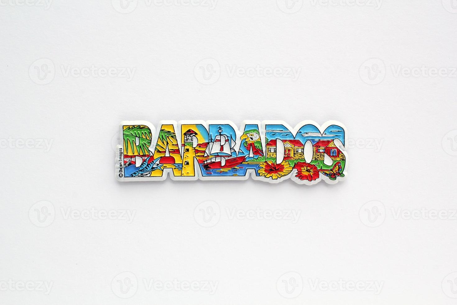 kleurrijk pvc souvenir koelkast magneet van Barbados Aan wit achtergrond. reizen geheugen concept. geschenk typisch Product voor toeristen van buitenlands reis. huis decoratie. top visie, vlak leggen, dichtbij omhoog foto