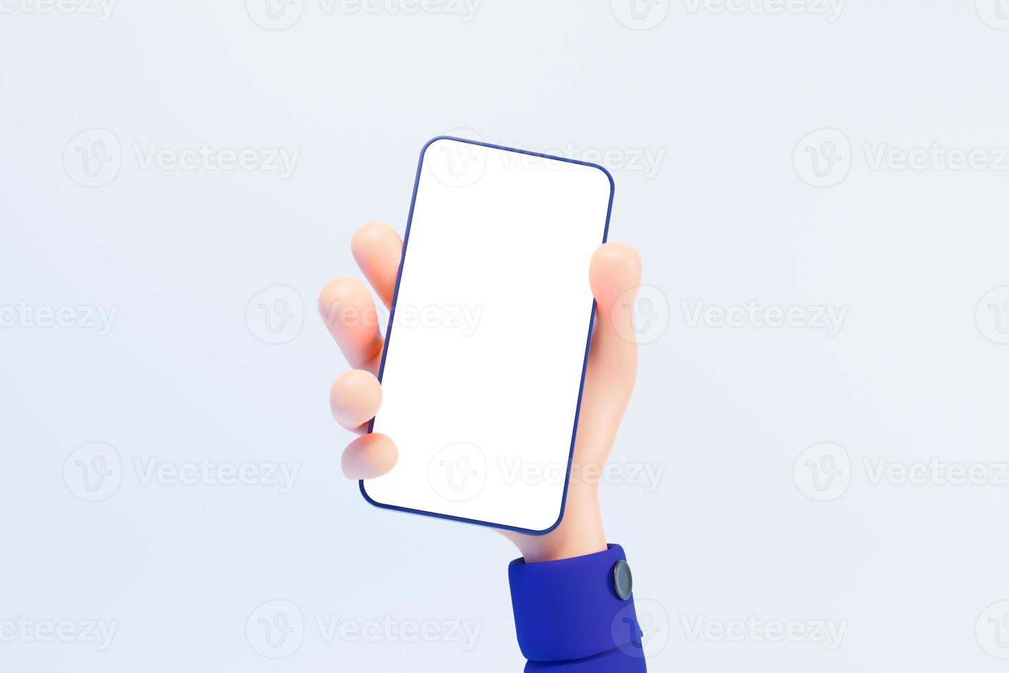 3d tekenfilm hand- Holding smartphone mockup blanco scherm geïsoleerd Aan blauw achtergrond, hand- gebruik makend van mobiel telefoon model. 3d geven illustratie foto