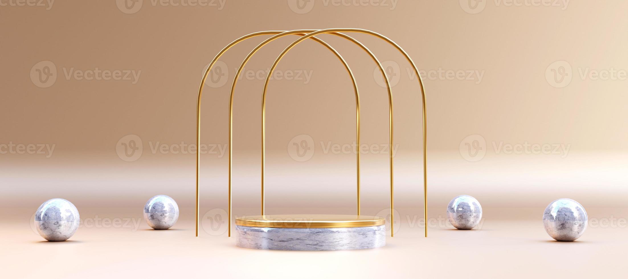 goud en marmeren podium met marmeren ballen. staan naar tonen producten in banier maat. stadium vitrine met luxe stijl platform voor presentatie. elegant voetstuk Scherm. website omslag. 3d weergave. foto