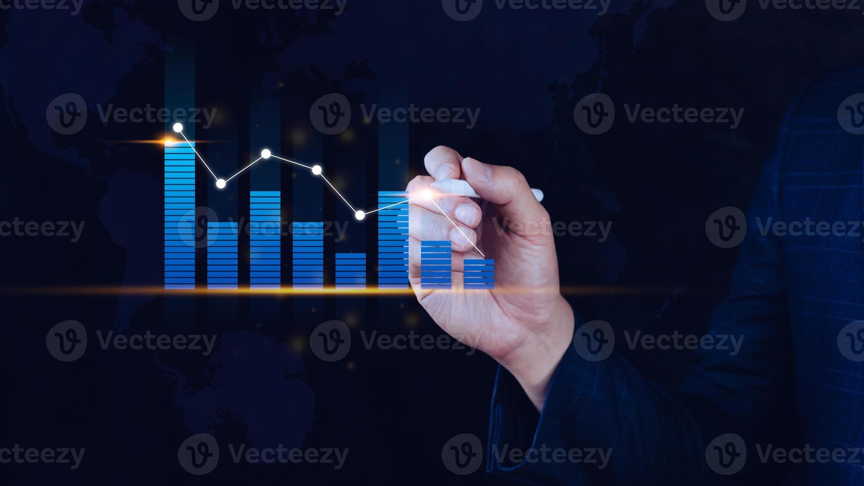 zakenman stylus pen tintje points symbool voorraad diagram en tabel achtergrond, concept groei en ontwikkeling bedrijf investering, voorraad markt en strategie maken markt foto