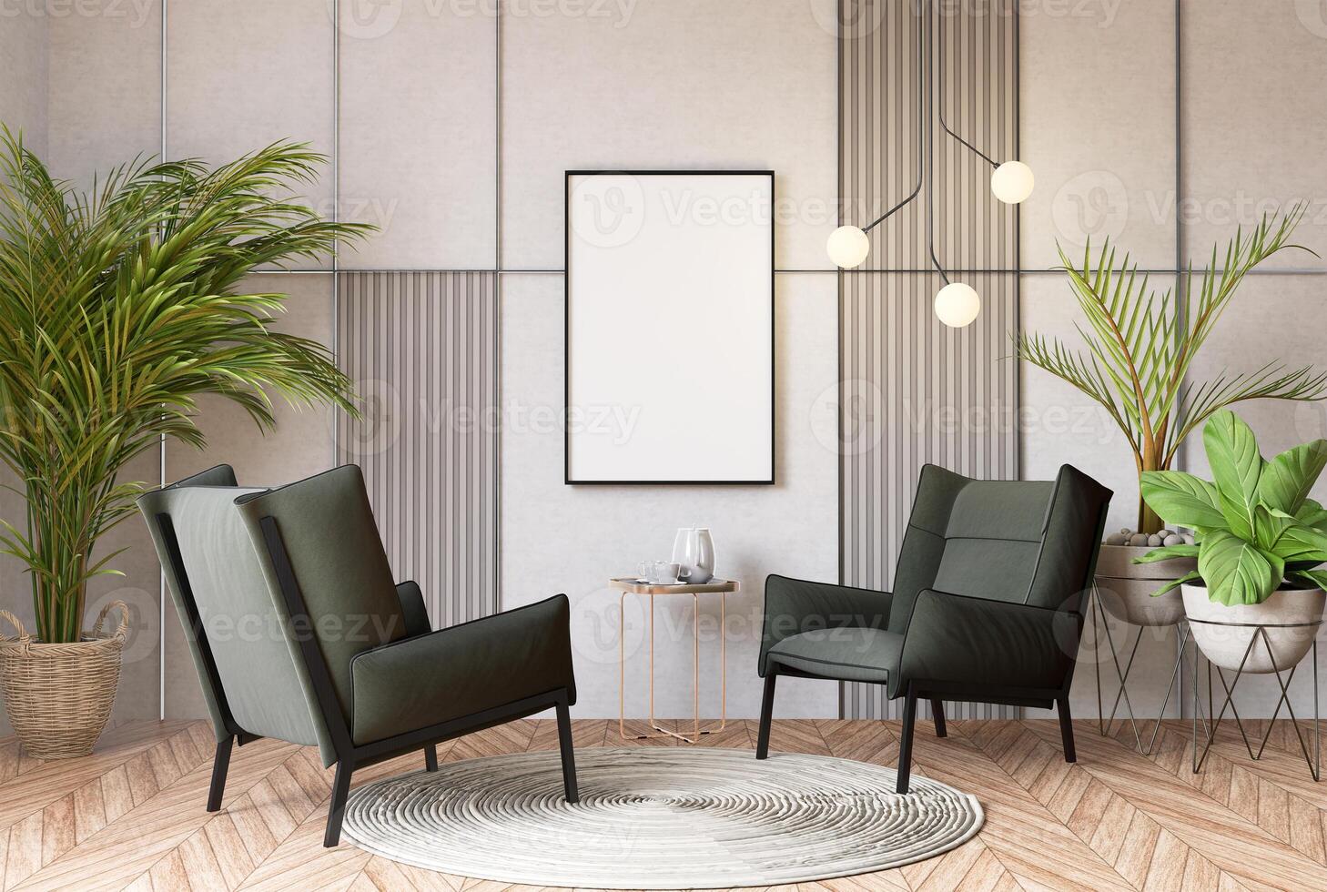 3d illustratie mockup blanco foto kader in leven kamer renderen