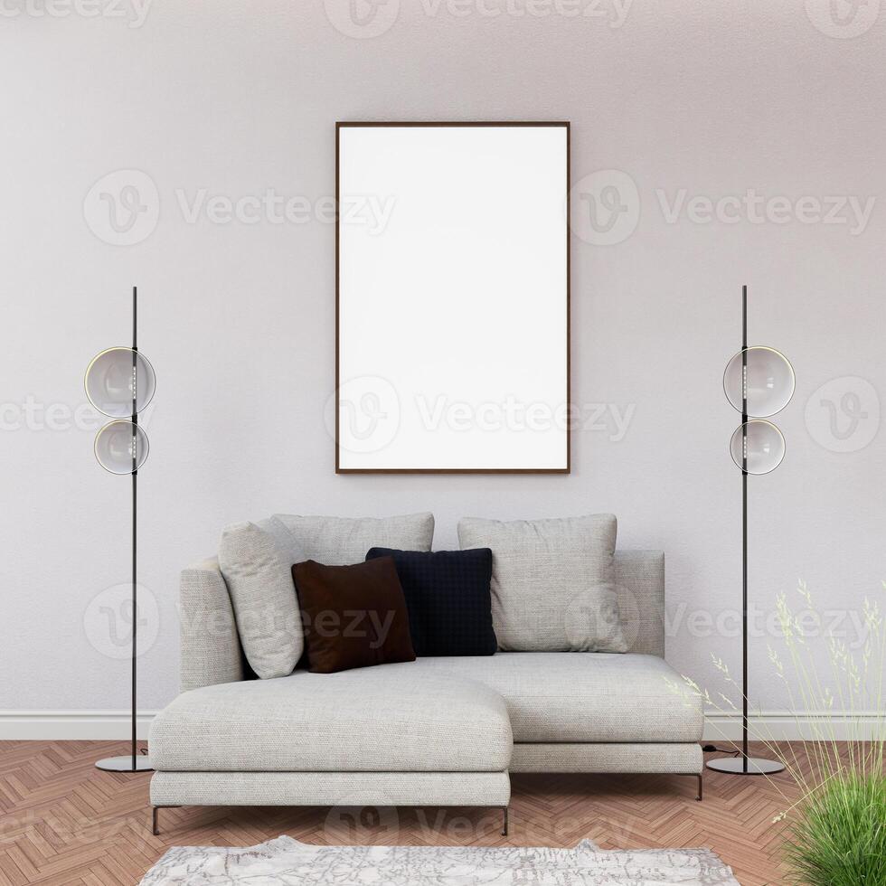 3d illustratie mockup blanco foto kader in leven kamer renderen