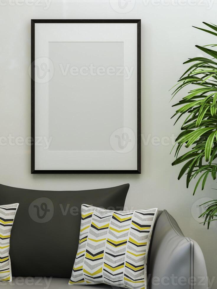 3d illustratie mockup foto kader in leven kamer renderen