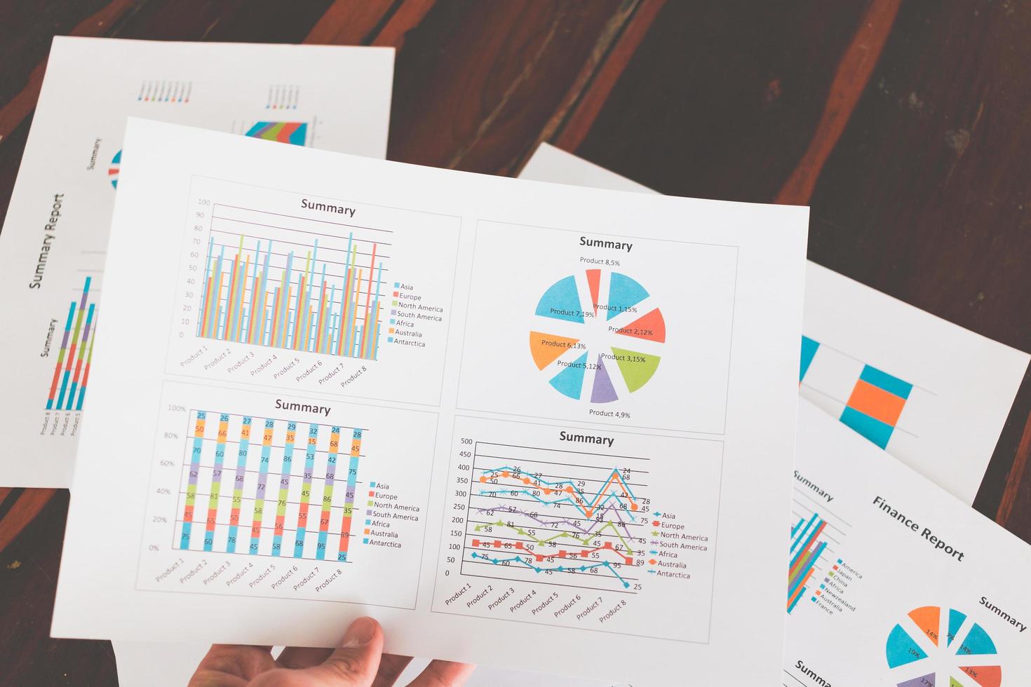 financiële grafieken en diagrammen op een houten tafel foto