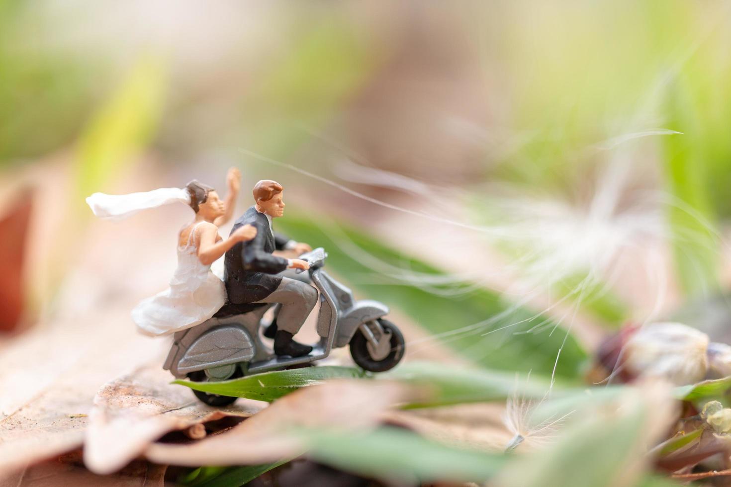 miniatuurpaar dat op een motorfiets in een tuin berijdt foto