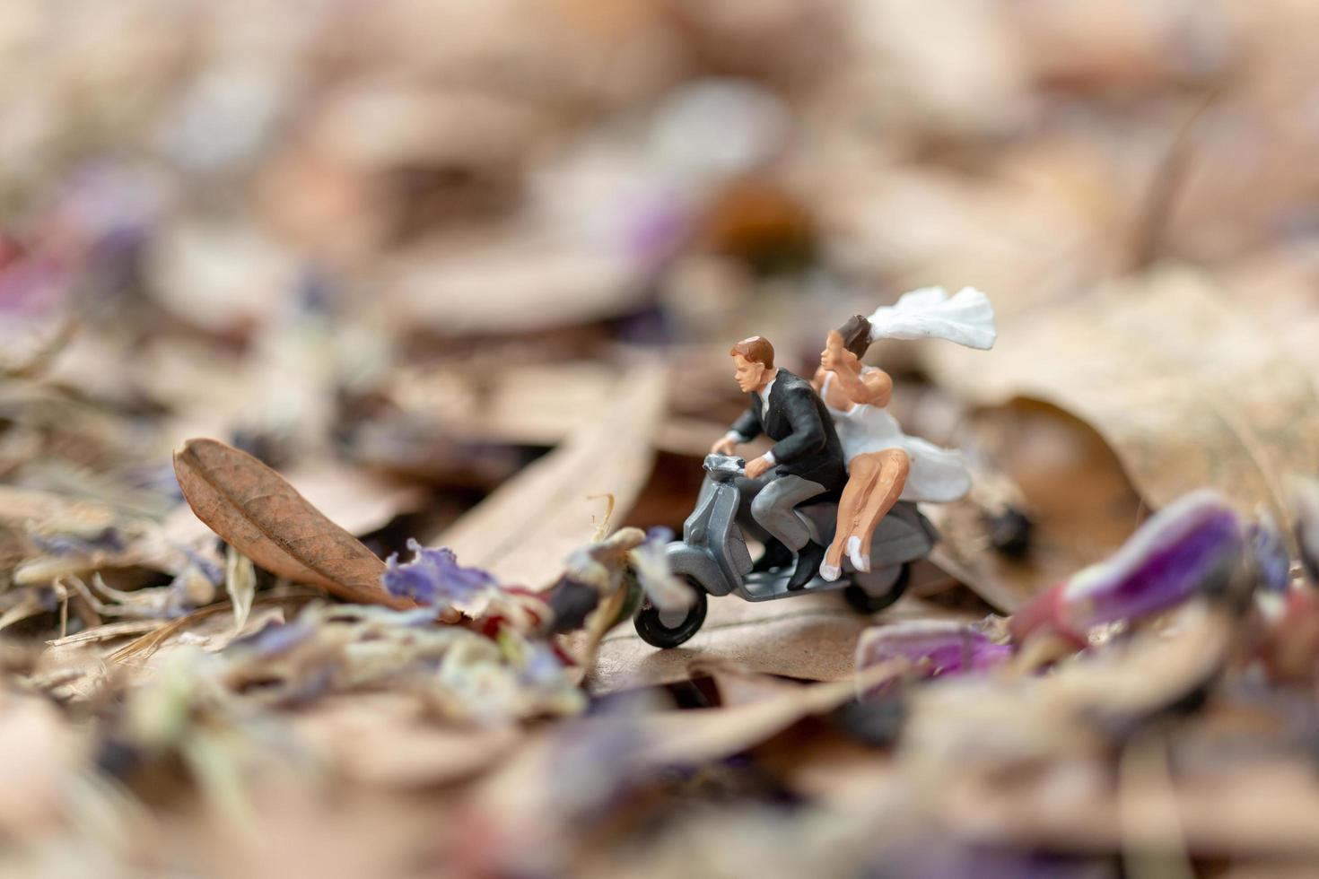 miniatuurpaar dat op een motorfiets in een tuin berijdt foto