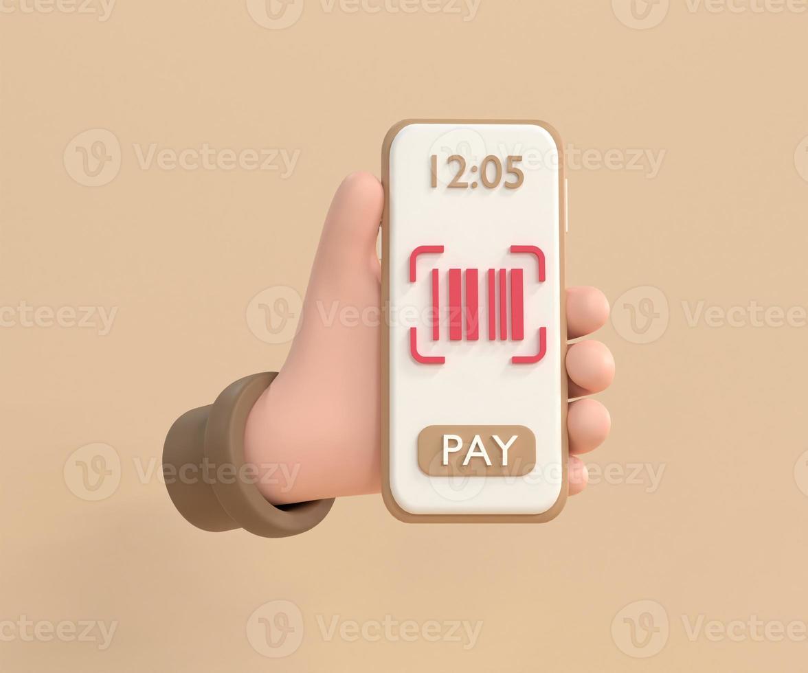 hand- Holding smartphone tonen streepjescode. concept zonder contant geld samenleving. foto