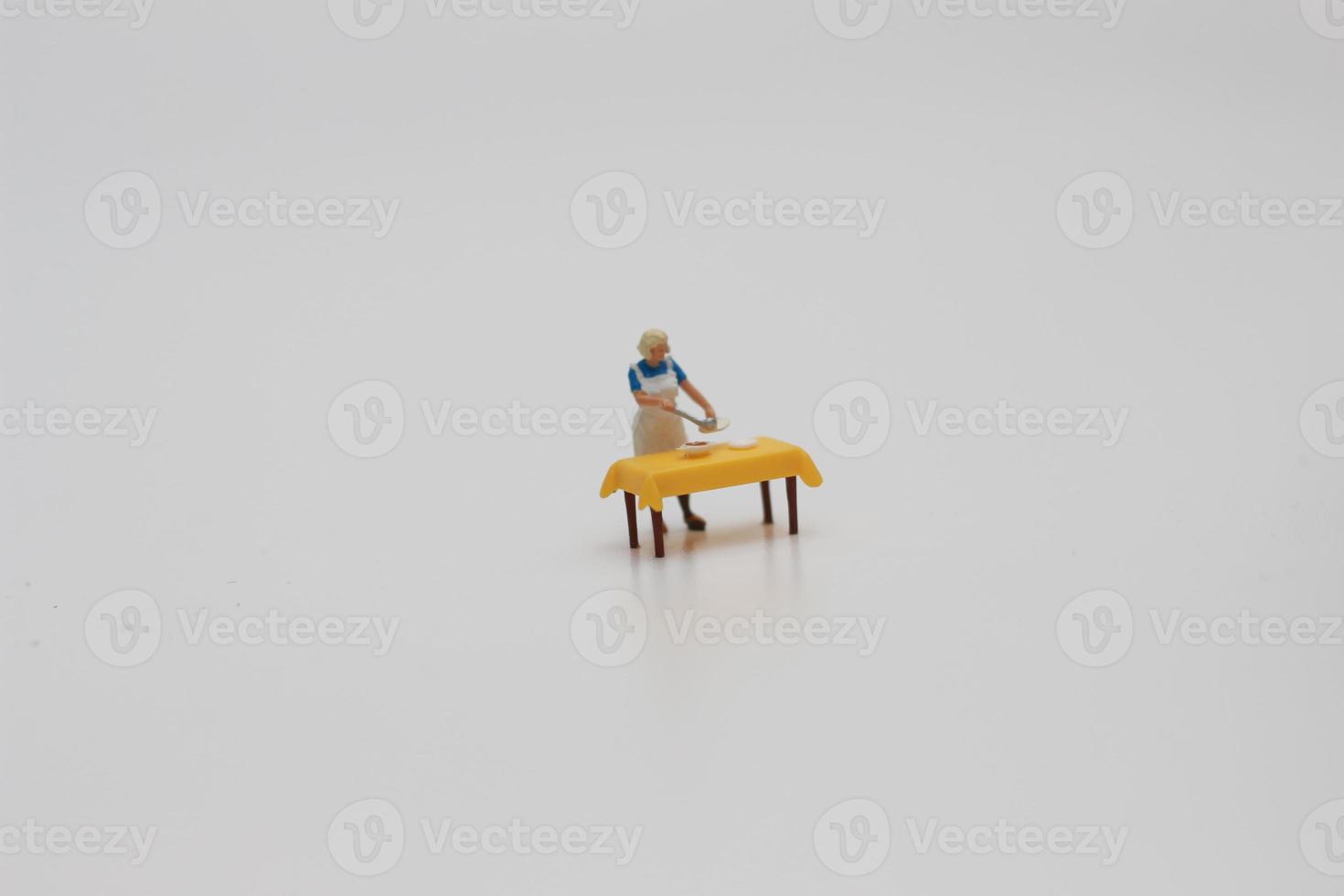 een dichtbij omhoog van een miniatuur figuur van een vrouw portie voedsel foto