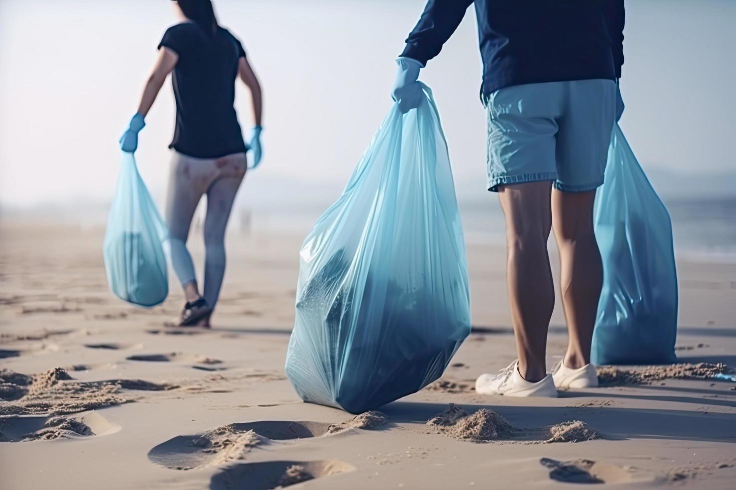 een groep van onherkenbaar mensen verzamelen vuilnis van de strand in blauw Tassen voor de probleem van plastic verontreiniging in de milieu foto