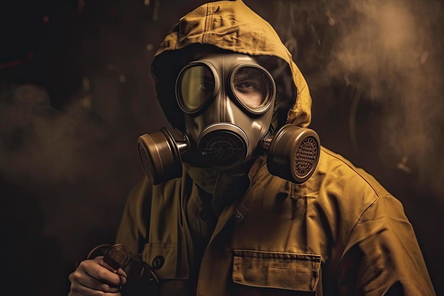 Mens met een gas- masker, nucleair oorlog en milieu ramp, radioactiviteit catastrofe, leger uitrusting foto